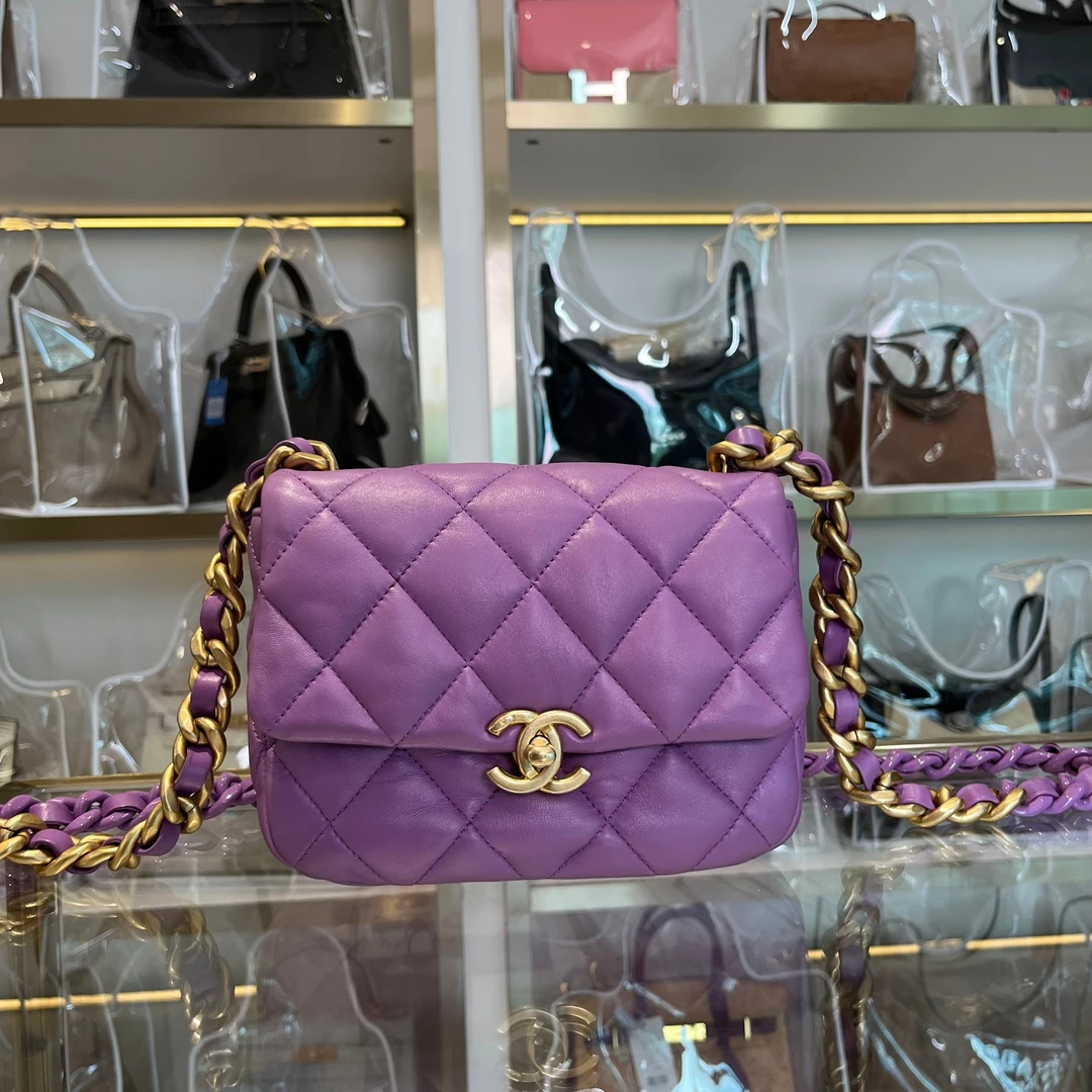 95新 Chanel/香奈儿 22s香芋紫粗链条cf方胖子单肩斜挎包 11377