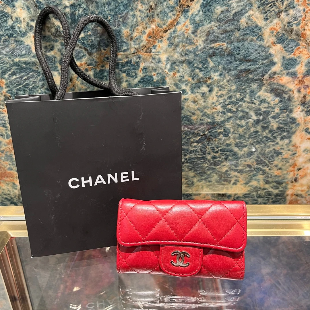 95新 Chanel/香奈儿 猪肝红菱格纹钥匙卡包钱包 25327
