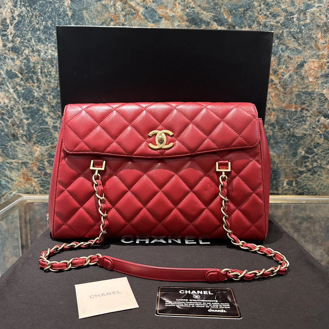 95新 Chanel/香奈儿 红金菱格纹羊皮单肩腋下包 13437