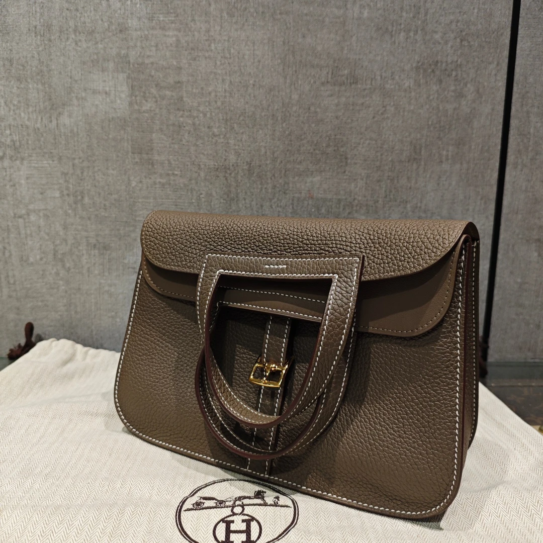 95新 Hermes/爱马仕 U刻大象灰金扣halzan25单肩手提包 21709