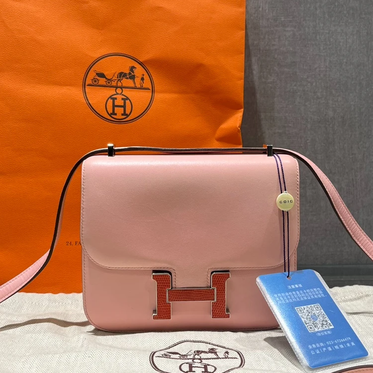 95新 Hermes/爱马仕 constance19 3Q樱花粉蜥蜴扣包 17377