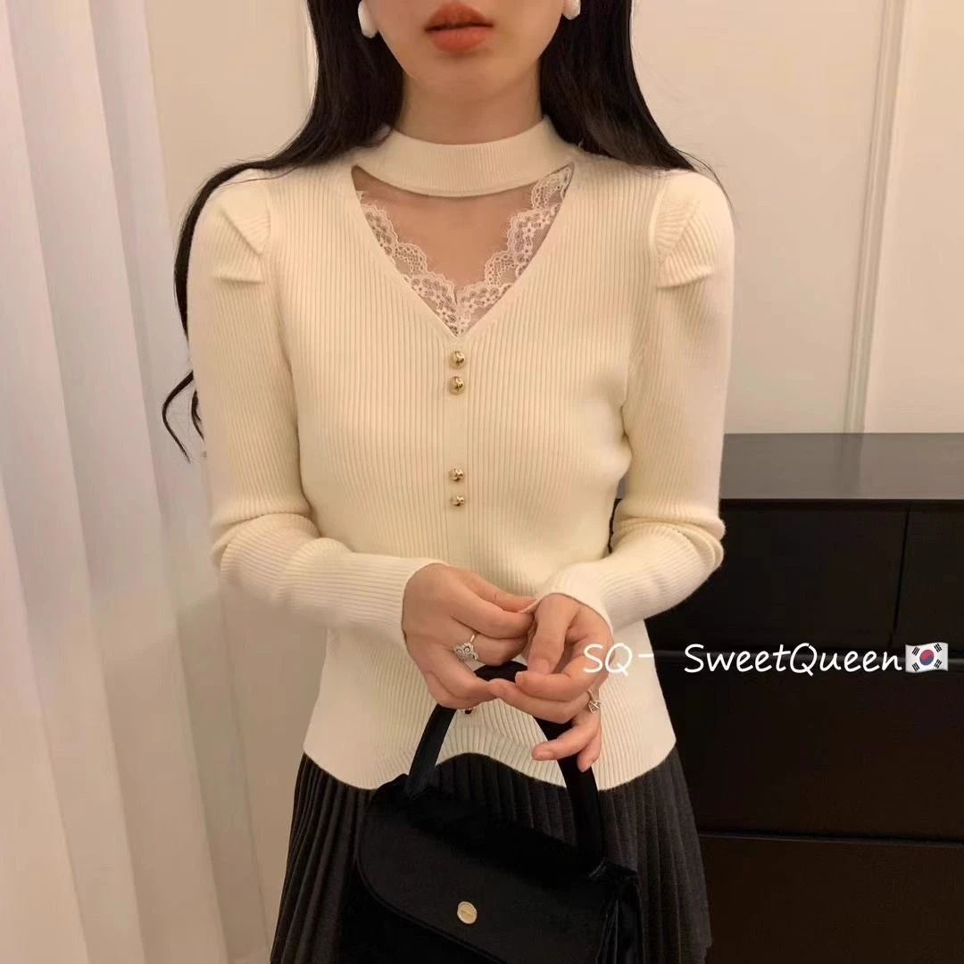 加厚V领挂脖毛衣打底衫女秋冬新款蕾丝拼接修身显瘦内搭针织上衣
