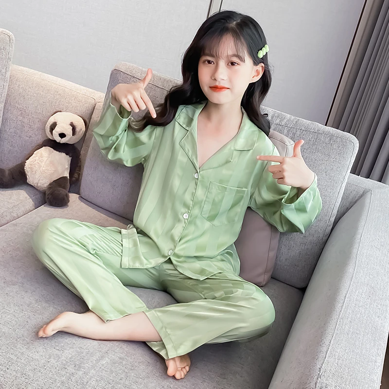 春秋季女童冰丝薄款长袖睡衣套装儿童中大童女孩秋款高级感家居服