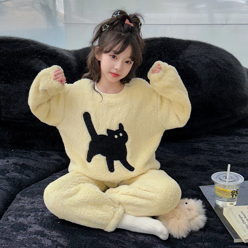儿童猫咪家居服女孩可外穿加厚珊瑚绒套装女大童秋冬季法兰绒睡衣