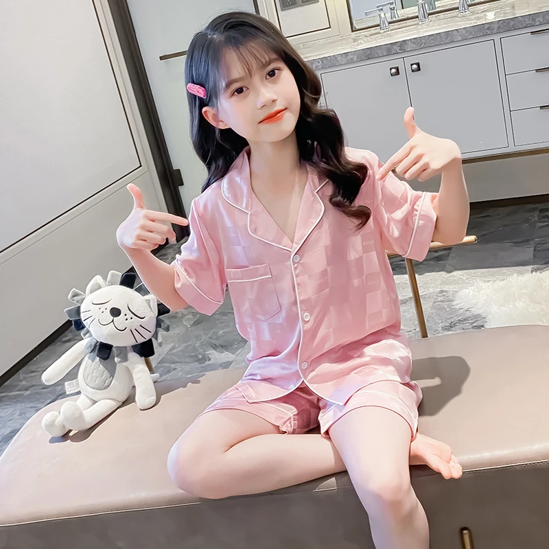 女童睡衣夏季薄款冰丝儿童大童短袖家居服女孩网红夏天空调服套装