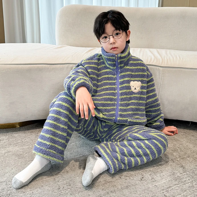 儿童装男童睡衣秋冬款家居服珊瑚绒男孩法兰绒中大童加绒加厚套装