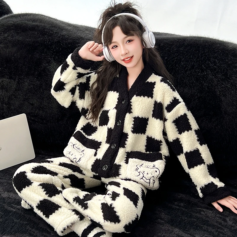 儿童格子睡衣女童冬季加绒加厚珊瑚绒秋冬款女孩法兰绒家居服套装
