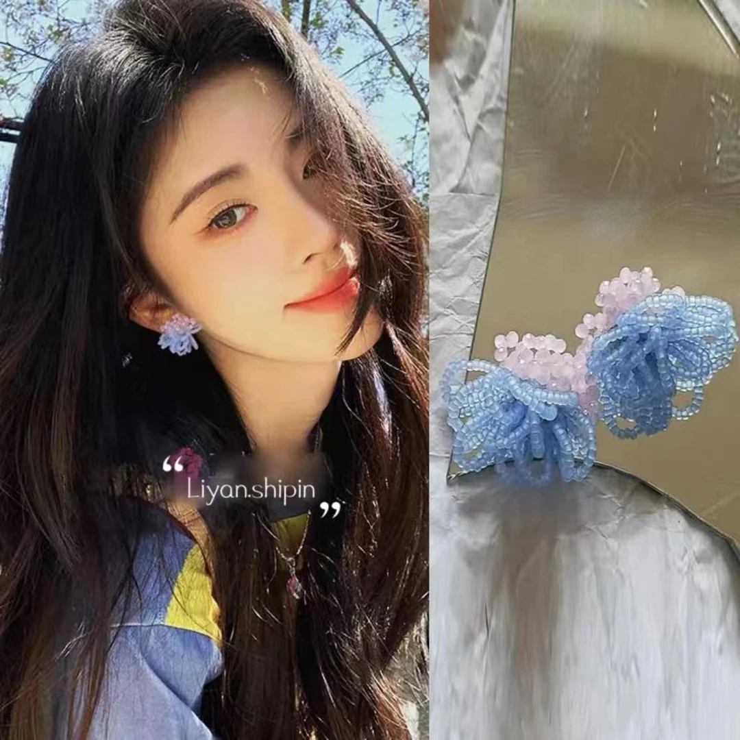 非金属仿水晶耳饰 【樱花心情】彩色串珠小清新耳环花朵 A052