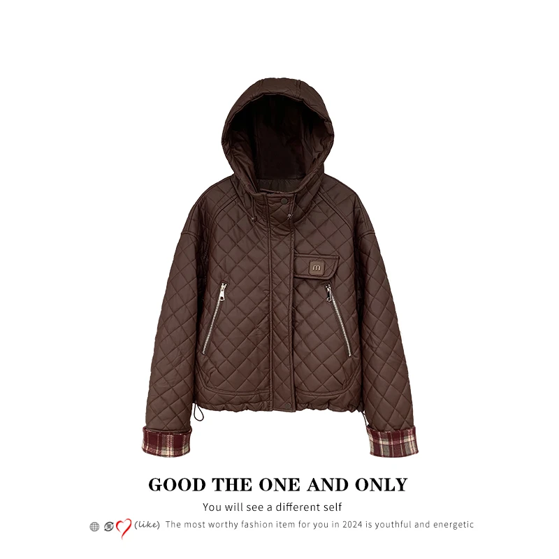 纯色菱格连帽设计感保暖棉服女士冬季拼接垂坠感宽松显瘦保暖上衣