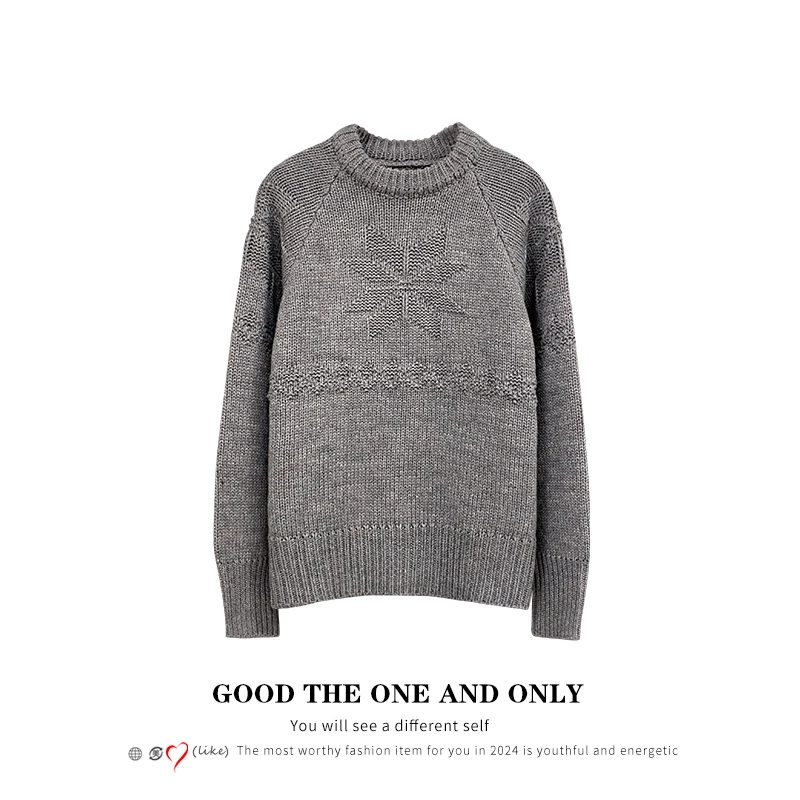 时尚立体构花镂空设计感圆领长袖微弹力打底毛针织衫女士2024秋冬