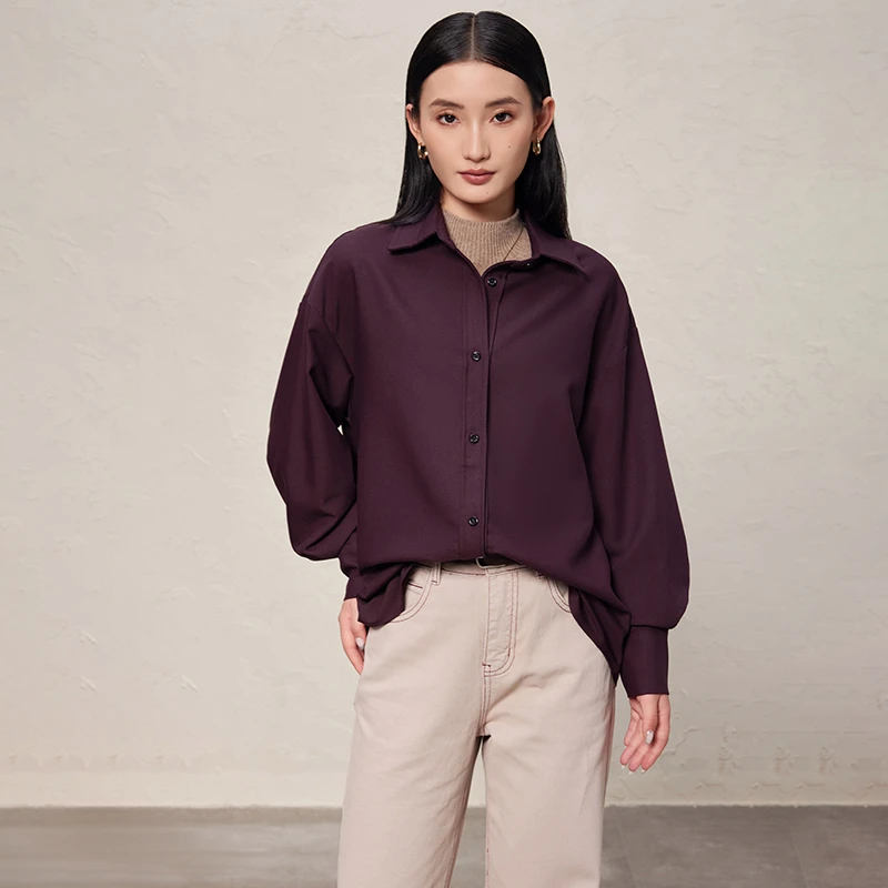 通勤风高级气质感POLO领长袖开衫上衣女纯色垂感抗皱宽松衬衫女春