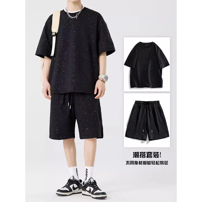 满天星烫钻短袖男夏潮牌设计感短裤t恤男女同款宽松休闲运动套装