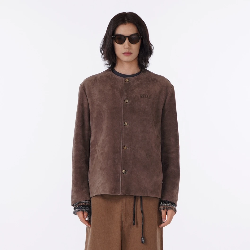 圆领绒感羊皮革外套 7534