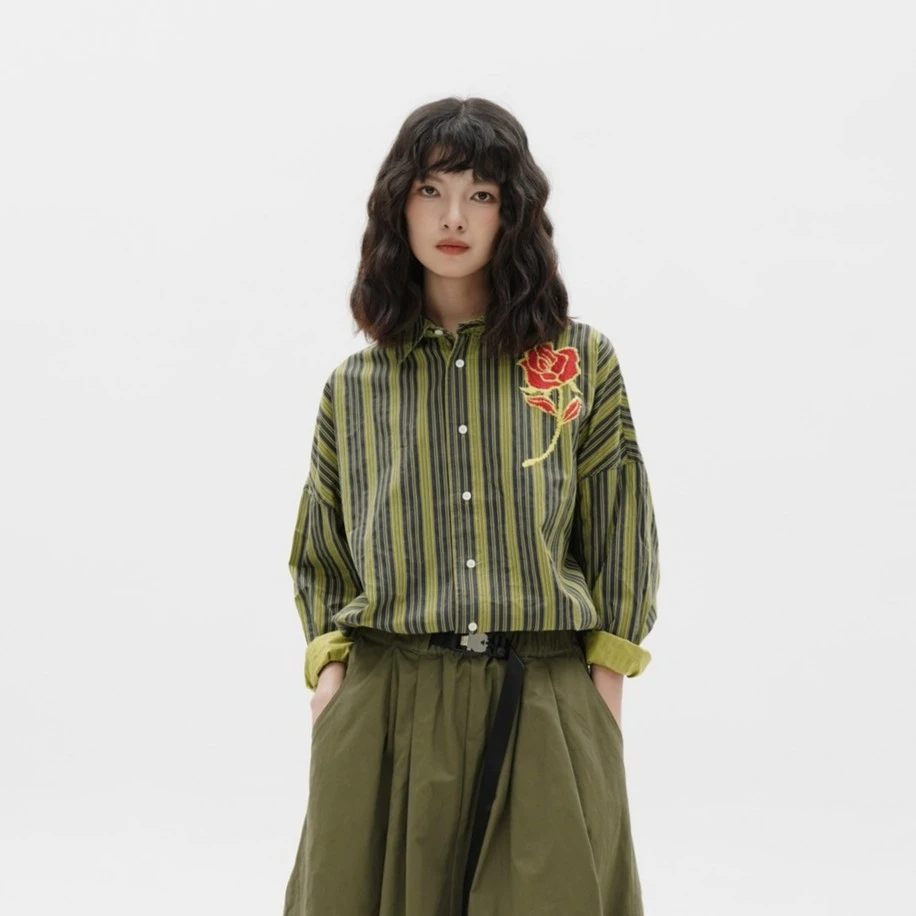 尖领条纹玫瑰花印花 衬衫 1319