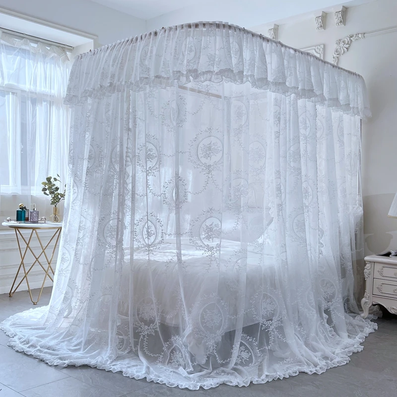 轻奢高端轨道蚊帐蕾丝绣花面料家用卧室公主风三开门蚊帐落地式