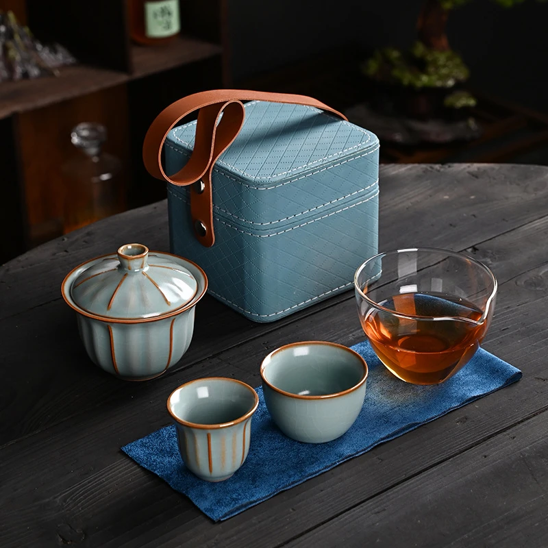 汝窑功夫茶具套装旅行一壶两杯户外出差便携式随身泡茶器伴手礼