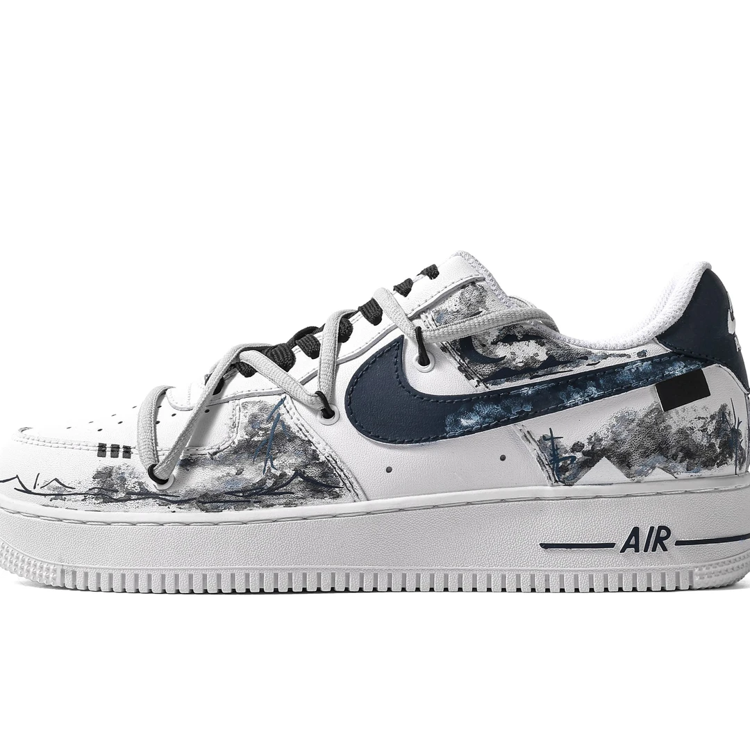 【月落孤城】 球鞋定制潮流百搭简约特殊盒水墨低帮板鞋女墨蓝时尚