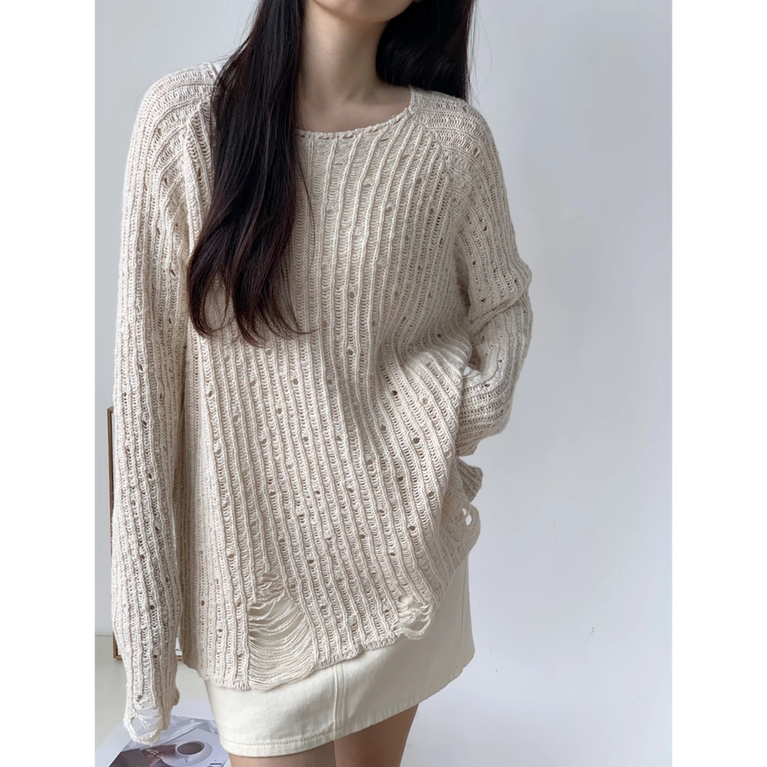 慵懒风宽松针织衫女秋2023新款小个子穿搭破洞长袖上衣百搭镂空