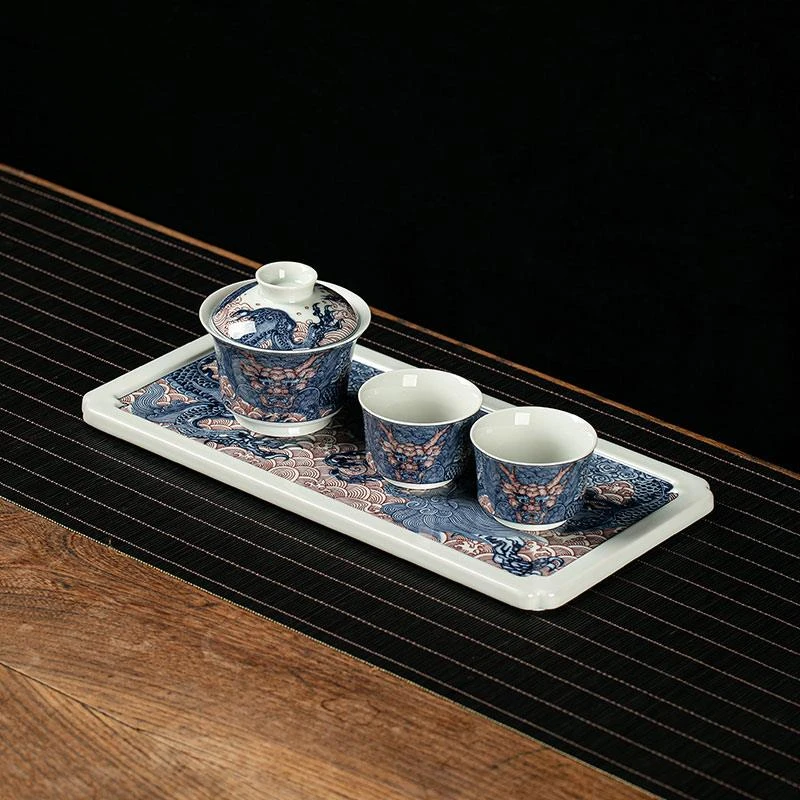 景德镇青花点工霸王龙盖碗茶杯套装家用带茶盘泡茶器功夫茶具
