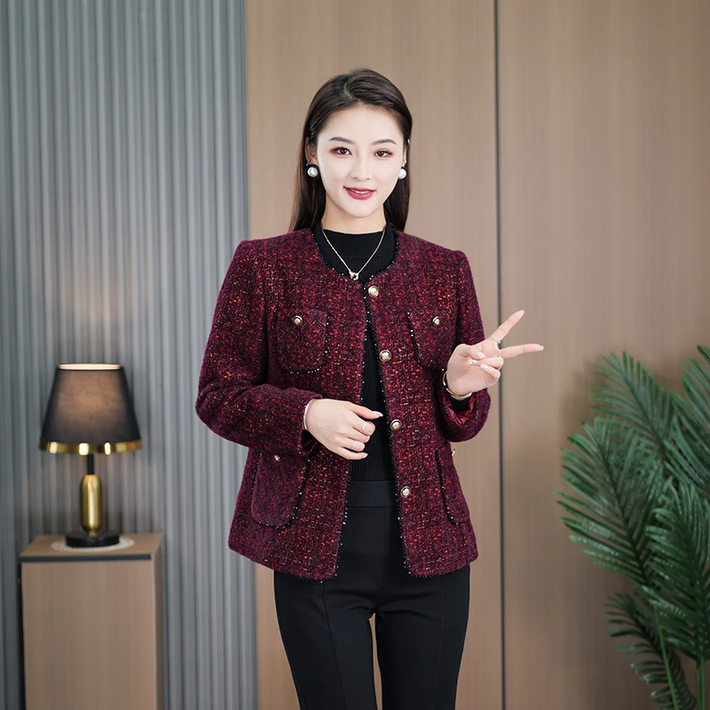 妈妈装新款显瘦保暖高级感毛呢小香风外套女女士