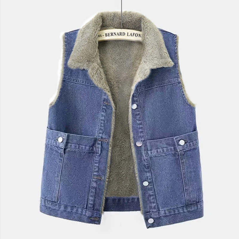 2024秋冬新款加绒加厚牛仔马甲女大口袋百搭休闲宽松马夹背心坎肩