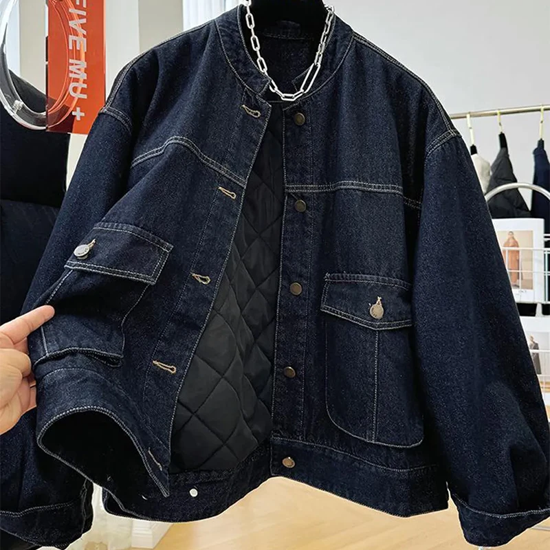韩系复古圆领夹棉牛仔外套女2025秋冬季新款百搭显瘦上衣保暖棉服