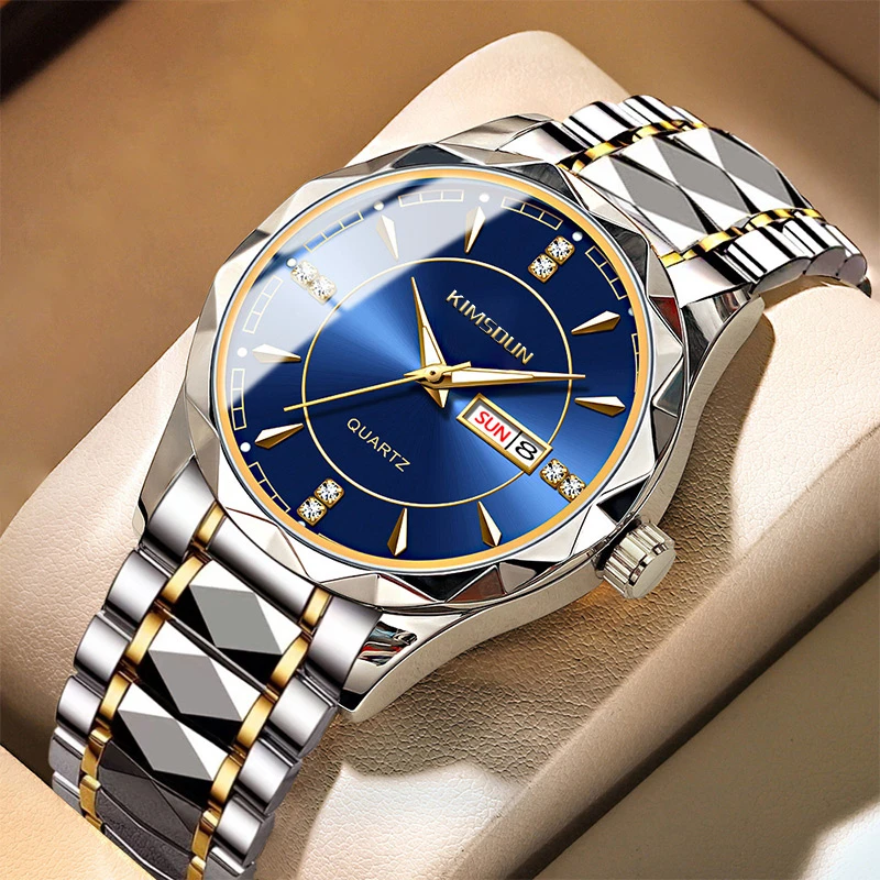 正品双日历全自动男士手表钨钢间金色高颜值夜光防水多功能男表