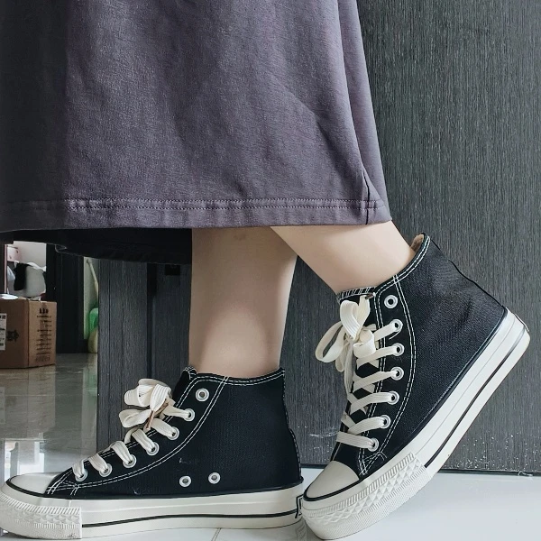 《2024》经典百搭款学生情侣黑色中帮夏季圆标帆布鞋女复古运动休闲