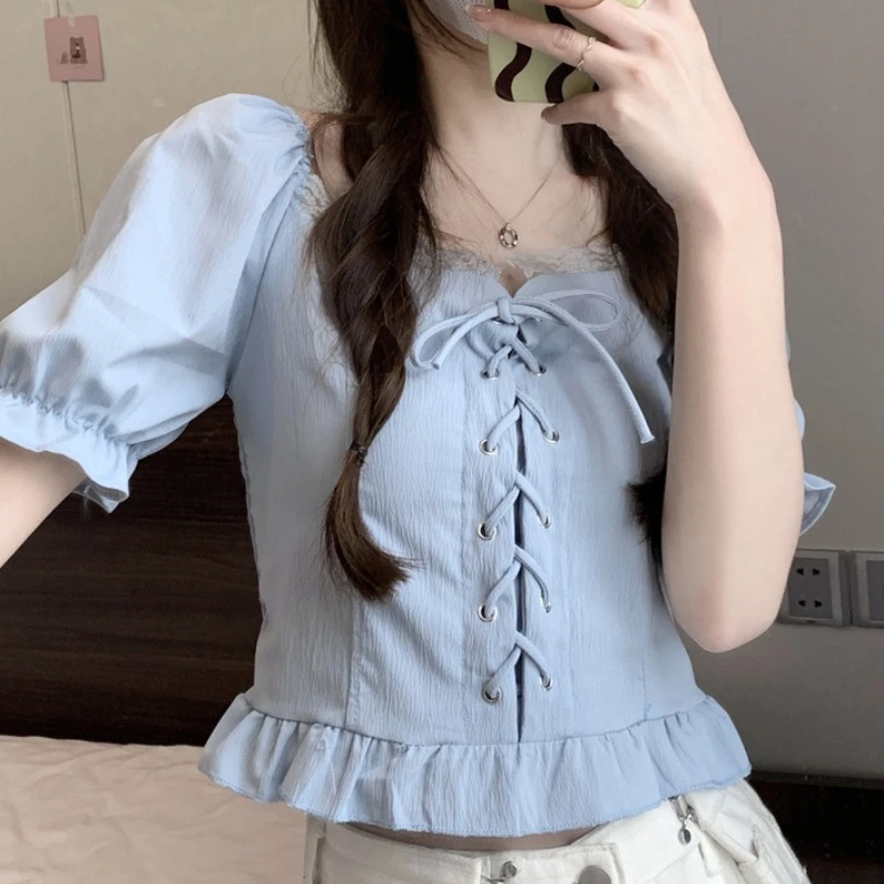 2024夏季新款小众设计泡泡袖甜美减龄短袖衬衫女法式气质别致上衣