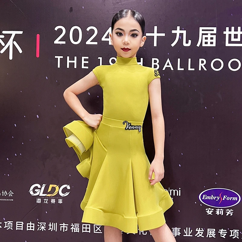 薇妮舞美拉丁舞比赛服新款国标舞短袖高领规定服演出大摆鱼骨裙