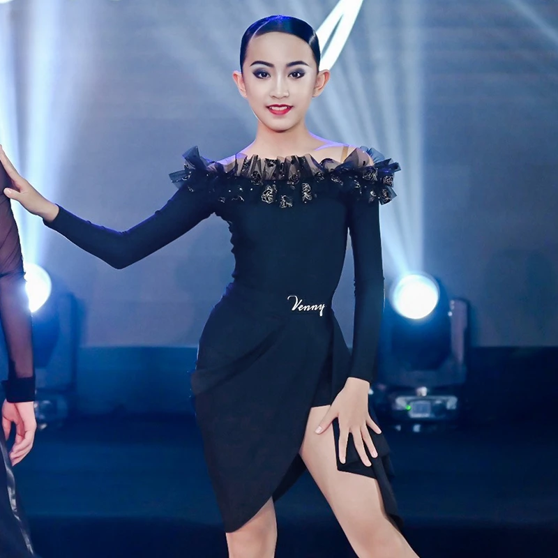 薇妮舞美拉丁舞服女儿童时尚练功服秋冬长袖分体专业标准训练服