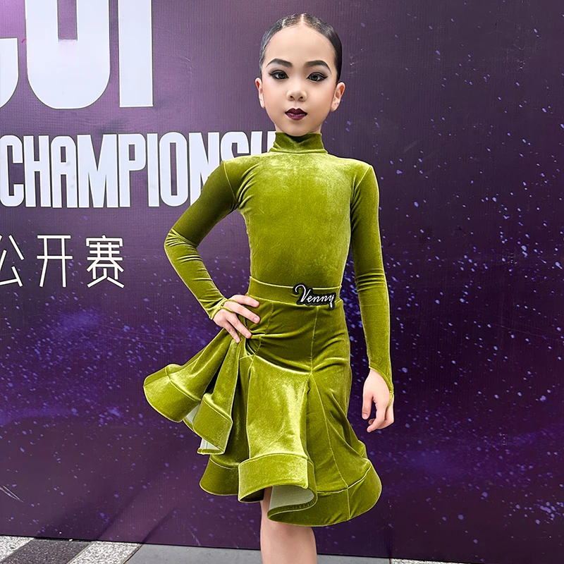 薇妮舞美国标舞规定服高领长袖丝绒拉丁舞专业女童比赛服舞裙