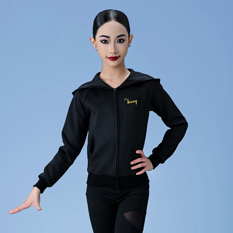薇妮舞美少儿拉丁舞服长袖连帽秋冬休闲风运动服拉链外套男生女生