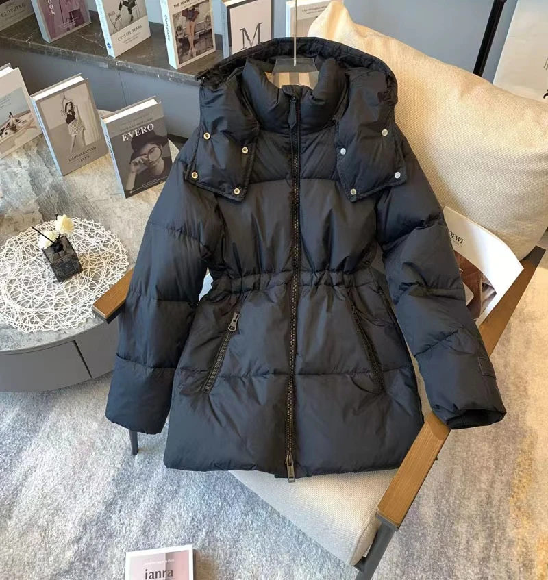 白鸭绒短款羽绒服时尚连帽收腰中长款加厚韩版