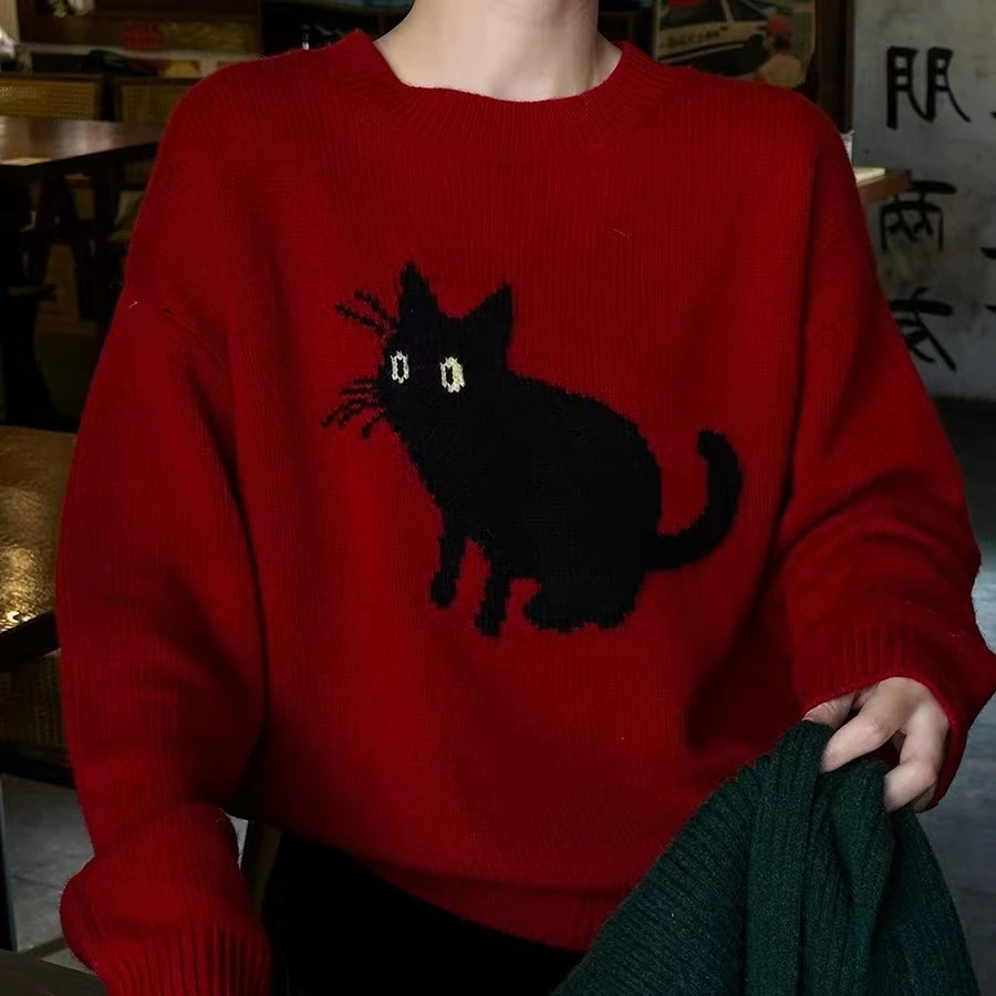 毛衣毛衣针织衫上衣红色宽松圆领卡通秋冬