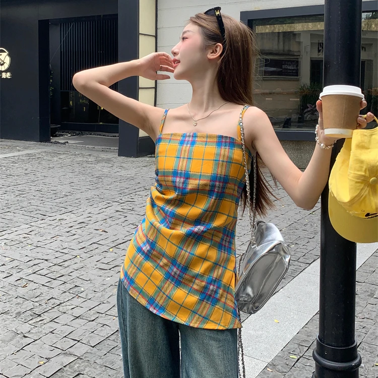2025新款夏季收腰无袖上衣设计感不规则开叉黄色格子吊带背心女装