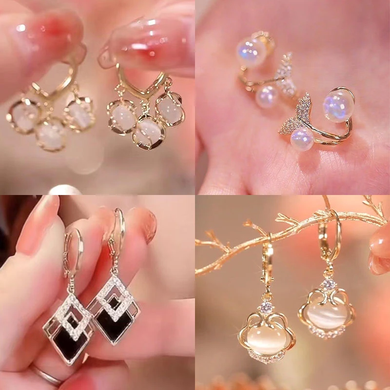 铃兰花三颗仿猫眼耳扣时尚感耳环女小众设计感网红百搭耳饰防过敏