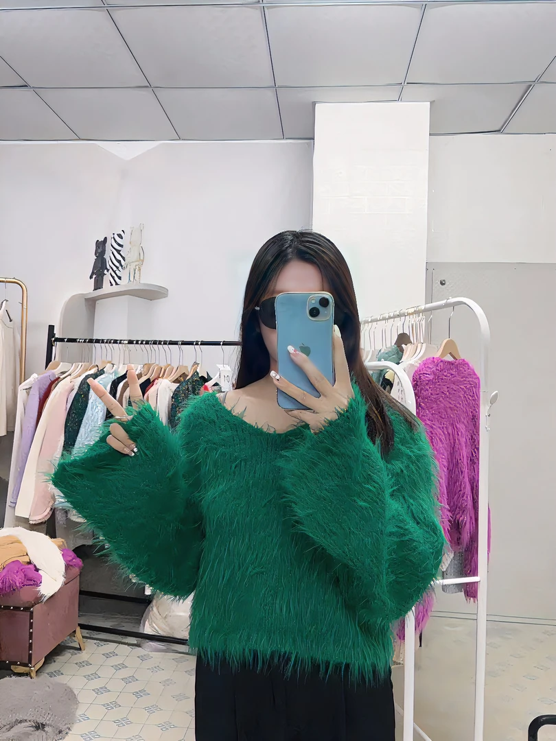 2023秋季新款针织衫女纯色斜领毛茸软糯小众百搭宽松慵懒风长袖