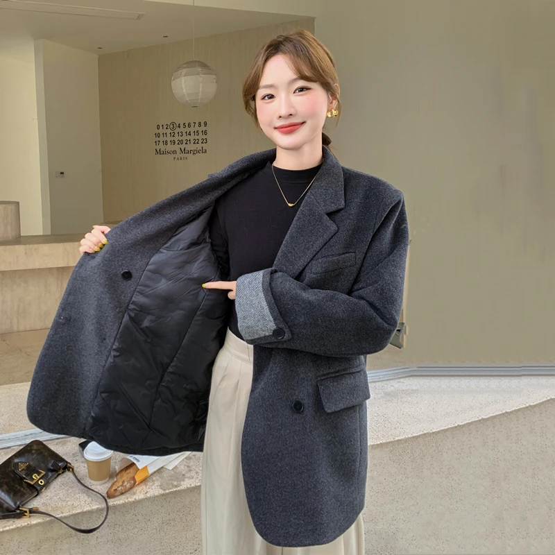 复古显瘦气质白鸭绒羽绒内胆呢子外套女冬新款小个子加厚西装毛呢