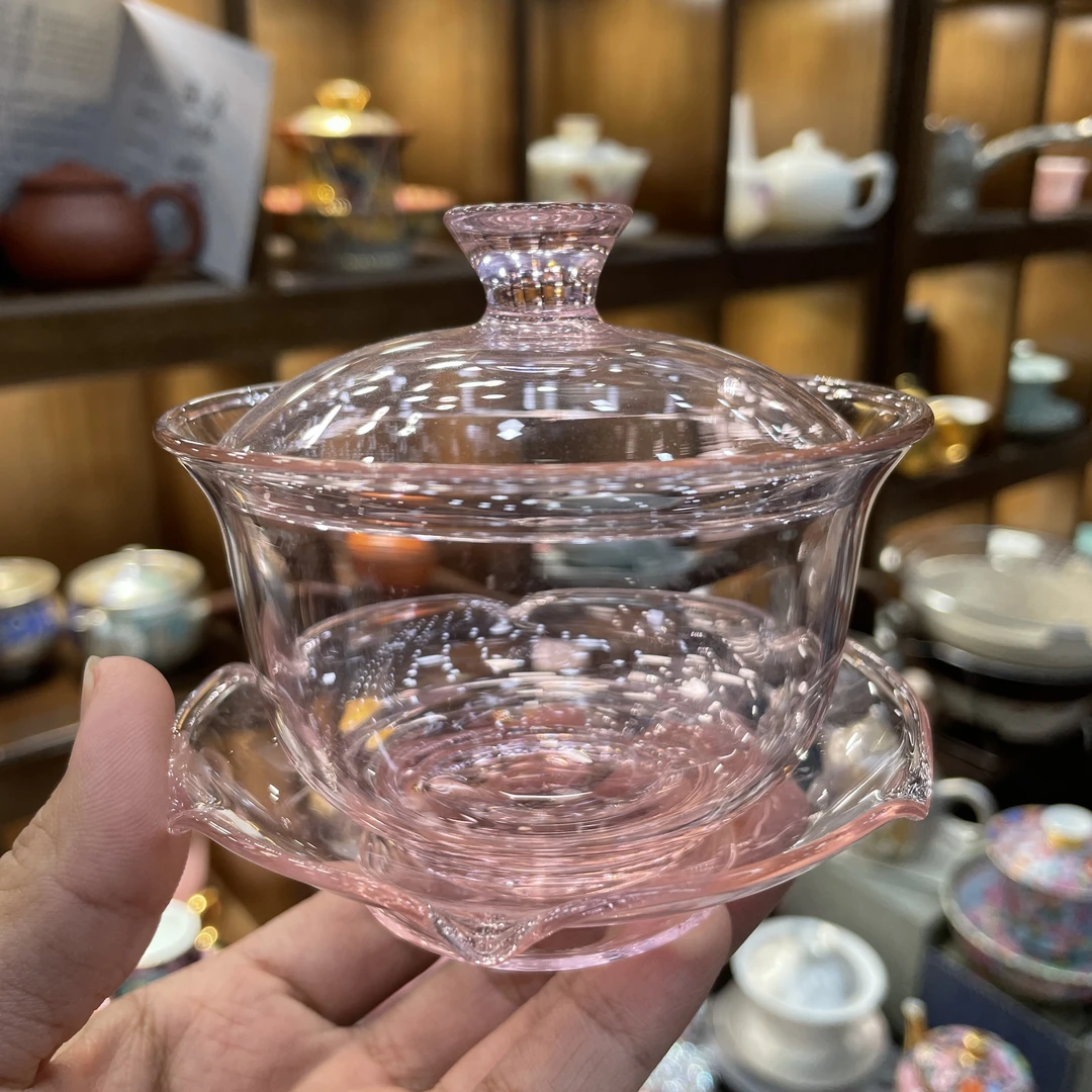 【闪购商品】粉色荷叶三才盖碗水晶玻璃