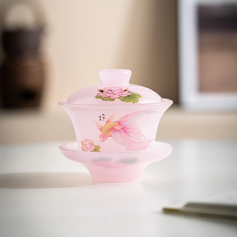 正品古法琉璃鸿运莲年樱花粉三才盖碗功夫茶器泡茶办公室高端茶具