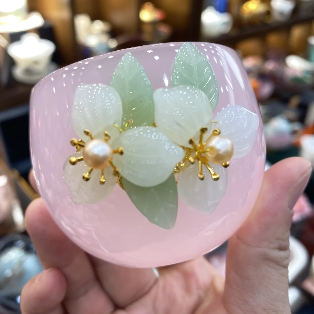 @@高端樱花粉琉璃幸福花龙蛋主人杯80ml手绘色釉紫色茶杯描金陶瓷