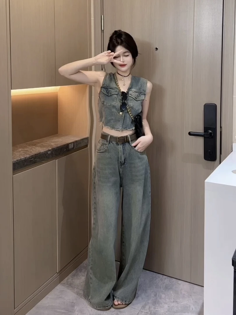 【CCDZ】夏季新款时尚复古风牛仔马甲两件套套装女