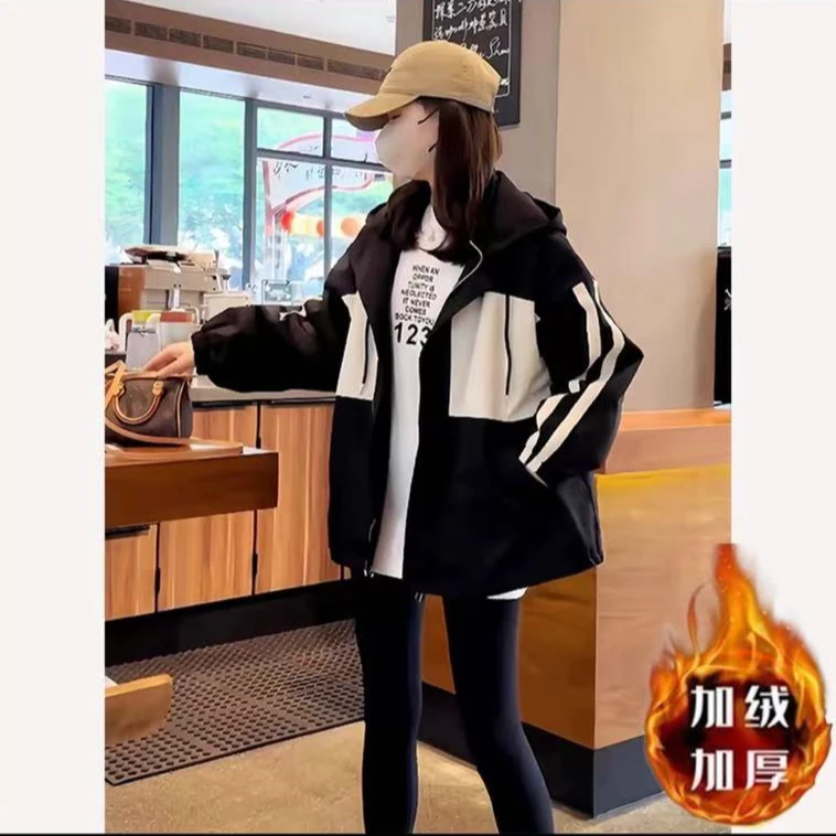 2025秋冬新款冲锋衣外套宽松撞色女上衣百搭休闲夹克时尚简约爆款