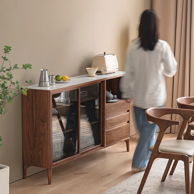 北美黑胡桃木餐边柜30cm超薄实木边柜岩板收纳小尺寸靠墙客厅良年