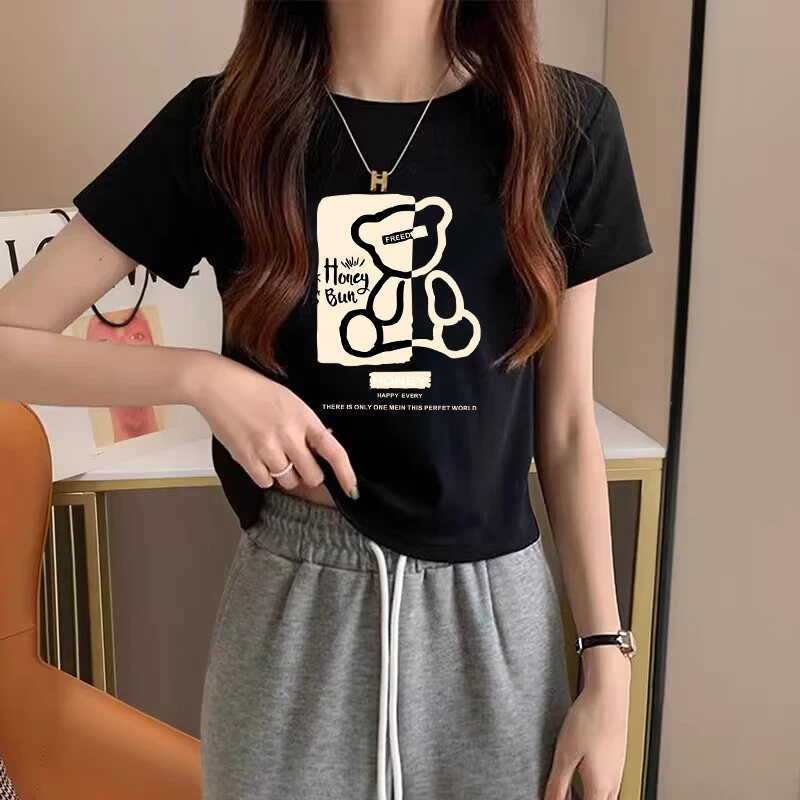 黑色潮牌纯棉正肩短袖T恤女夏2024新款圆领韩版春夏女装短款上衣