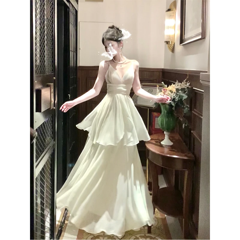GJFDGood Job【馥郁晚香】设计感双层荷叶边仙女V领露背吊带连衣裙
