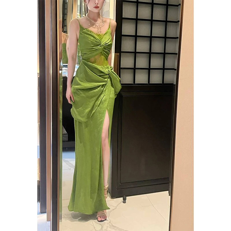 GJFD【达人专属】【仲夏森林】法式绿色蕾丝吊带连衣裙海边度假长裙