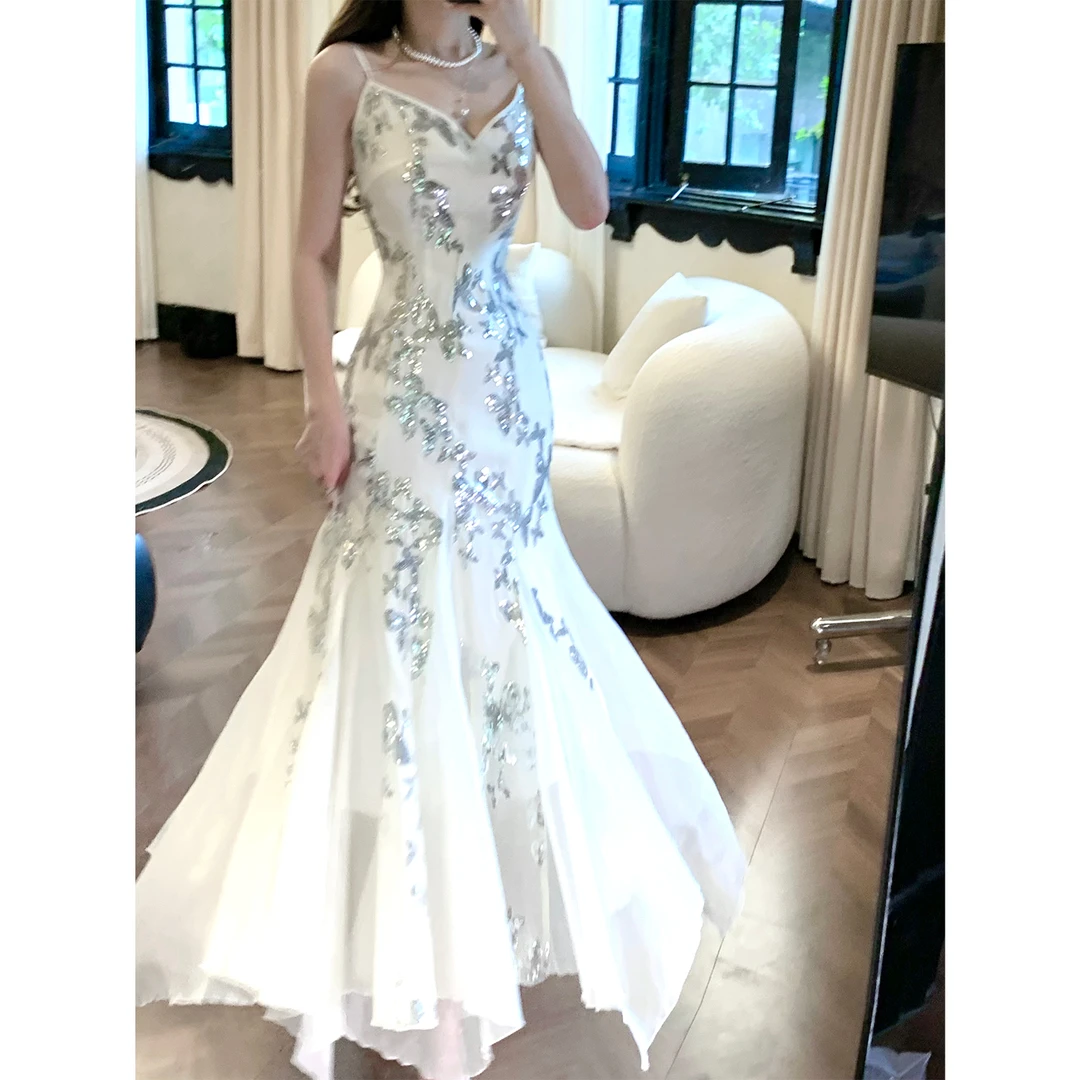 GJFDGood Job【汀花语】法式亮片刺绣蝴蝶鱼尾裙吊带连衣裙气质礼服