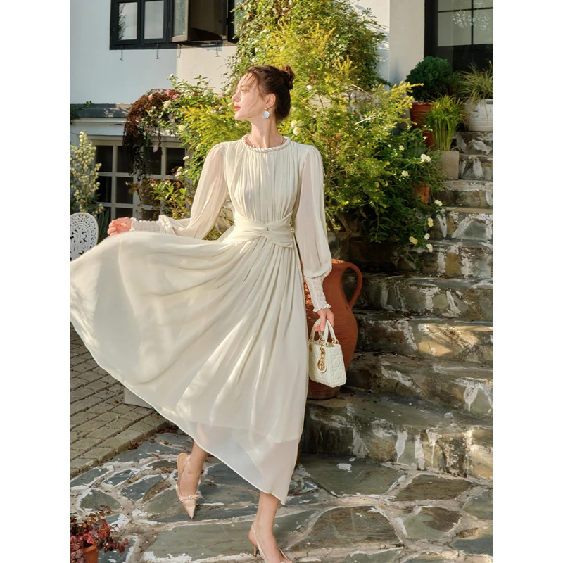 GJFD【达人专属】【知薇】法式扭结气质长袖连衣裙雪纺长裙仙女裙子